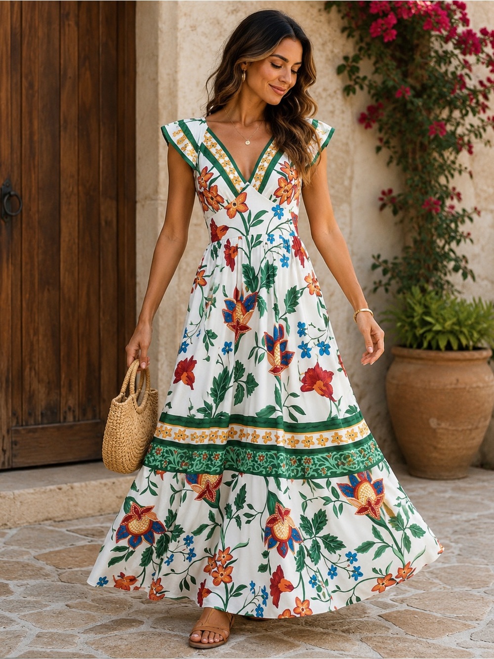 8- NEW - Elegant White Tropical Floral Print Maxi Dress V-Neck Cap Sleeve Backle